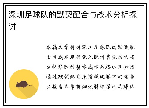 深圳足球队的默契配合与战术分析探讨