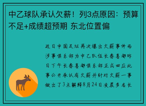 中乙球队承认欠薪！列3点原因：预算不足+成绩超预期 东北位置偏